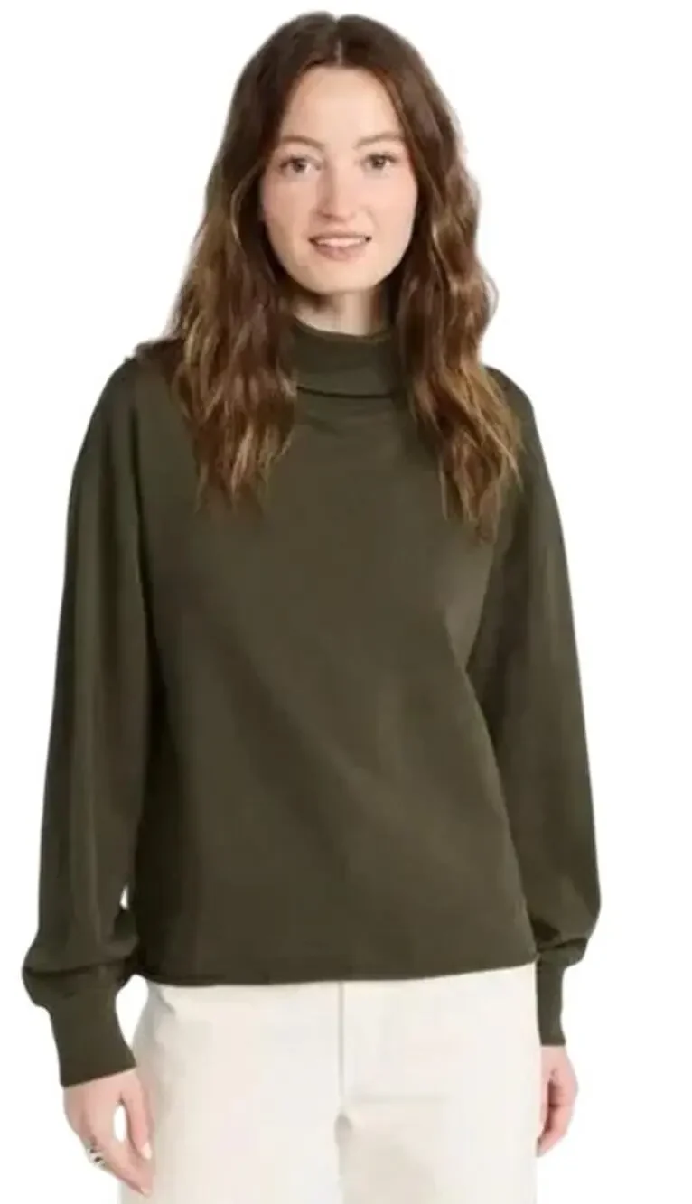 Nation LTD Green Diana Snap Button Reversible Long Sleeve Turtleneck Top